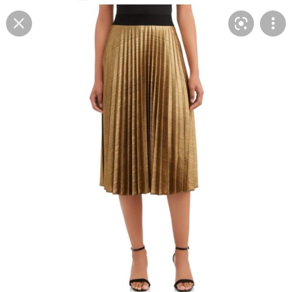 Metallic Gold/Bronze Lamé Pleated Midi Skirt NWT